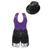 Agoky Girls Sequins Tassel Ballet Jazz Latin Dance Dress for Children Hip Hop Chacha Tap Rumba Performance Costume Dancewear Purple&Black with Hat 12 Years view 2