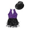 Agoky Girls Sequins Tassel Ballet Jazz Latin Dance Dress for Children Hip Hop Chacha Tap Rumba Performance Costume Dancewear Purple&Black with Hat 12 Years view 4
