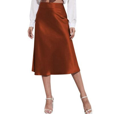 Satin Skirts for Women Midi Length Silk Skirt Elegant High Waisted Midi Skirt Flowy A-Line Flared Cocktail Party Long Skirts Brown