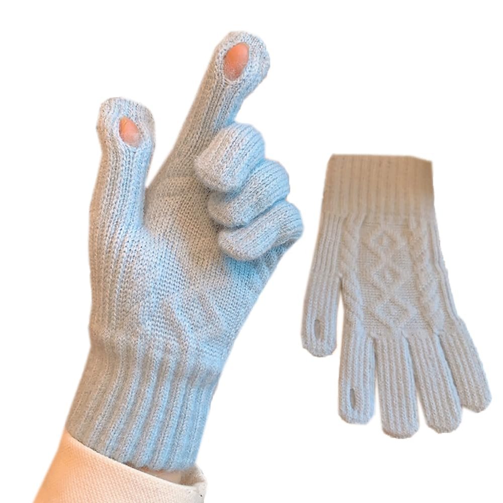 Flush of Dawn Lovely Winter Gloves Thickened Knitting Wool Gloves Touchscreen Cold Proof Gloves Outdoor Women Cycling Warm Gloves (Sky blue)