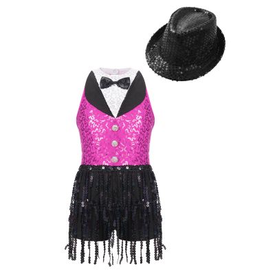 Agoky Girls Sequins Tassel Ballet Jazz Latin Dance Dress for Children Hip Hop Chacha Tap Rumba Performance Costume Dancewear Hot Pink&Black with Hat 12 Years
