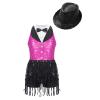 Agoky Girls Sequins Tassel Ballet Jazz Latin Dance Dress for Children Hip Hop Chacha Tap Rumba Performance Costume Dancewear Hot Pink&Black with Hat 12 Years view 1