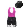 Agoky Girls Sequins Tassel Ballet Jazz Latin Dance Dress for Children Hip Hop Chacha Tap Rumba Performance Costume Dancewear Hot Pink&Black with Hat 12 Years view 2