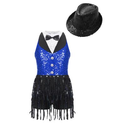 Agoky Girls Sequins Tassel Ballet Jazz Latin Dance Dress for Children Hip Hop Chacha Tap Rumba Performance Costume Dancewear Royal Blue&Black with Hat 8 Years