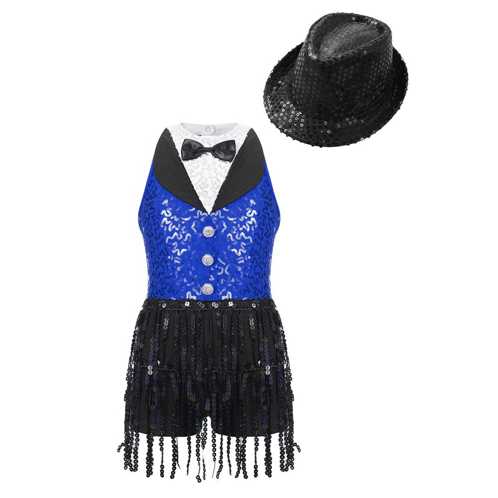 Agoky Girls Sequins Tassel Ballet Jazz Latin Dance Dress for Children Hip Hop Chacha Tap Rumba Performance Costume Dancewear Royal Blue&Black with Hat 8 Years