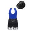 Agoky Girls Sequins Tassel Ballet Jazz Latin Dance Dress for Children Hip Hop Chacha Tap Rumba Performance Costume Dancewear Royal Blue&Black with Hat 8 Years view 2
