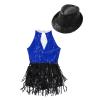 Agoky Girls Sequins Tassel Ballet Jazz Latin Dance Dress for Children Hip Hop Chacha Tap Rumba Performance Costume Dancewear Royal Blue&Black with Hat 8 Years view 4