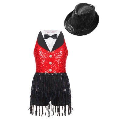 Agoky Girls Sequins Tassel Ballet Jazz Latin Dance Dress for Children Hip Hop Chacha Tap Rumba Performance Costume Dancewear Red&Black with Hat 16 Years