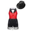 Agoky Girls Sequins Tassel Ballet Jazz Latin Dance Dress for Children Hip Hop Chacha Tap Rumba Performance Costume Dancewear Red&Black with Hat 16 Years view 1