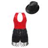 Agoky Girls Sequins Tassel Ballet Jazz Latin Dance Dress for Children Hip Hop Chacha Tap Rumba Performance Costume Dancewear Red&Black with Hat 16 Years view 2