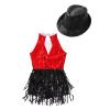 Agoky Girls Sequins Tassel Ballet Jazz Latin Dance Dress for Children Hip Hop Chacha Tap Rumba Performance Costume Dancewear Red&Black with Hat 16 Years view 4