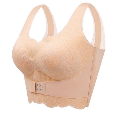 Women's Dual Support Push Up Bra Back Support Posture Correction Brasieres Wireless Sexy Lace Sports Bralette (Color : Skin, Size : 4X-Large)