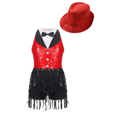 Agoky Girls Sequins Tassel Ballet Jazz Latin Dance Dress for Children Hip Hop Chacha Tap Rumba Performance Costume Dancewear Red with Hat 6 Years