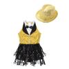 Agoky Girls Sequins Tassel Ballet Jazz Latin Dance Dress for Children Hip Hop Chacha Tap Rumba Performance Costume Dancewear Gold with Hat 14 Years view 3