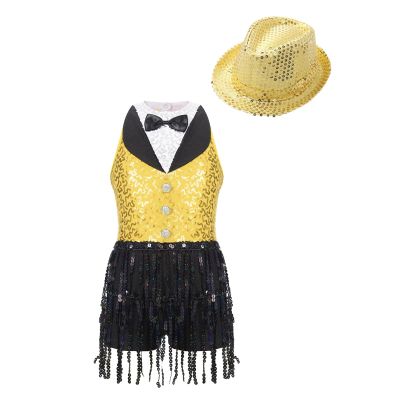 Agoky Girls Sequins Tassel Ballet Jazz Latin Dance Dress for Children Hip Hop Chacha Tap Rumba Performance Costume Dancewear Gold with Hat 12 Years