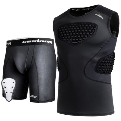 COOLOMG Youth Boys Chest Rib Protector + Boys Compression Shorts with Cup, Black XL