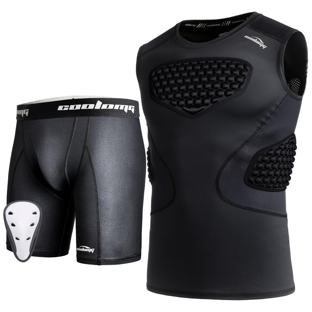 COOLOMG Youth Boys Chest Rib Protector + Boys Compression Shorts with Cup, Black XL