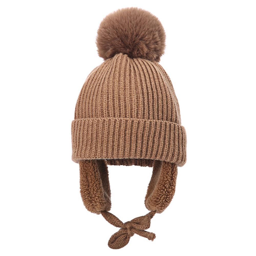 ECYC Winter Baby Beanie Hat with Earflap, Knitted Infant Beanie Cap Toddler Pompom Knit Skull Cap for Baby Girls Boys Brown