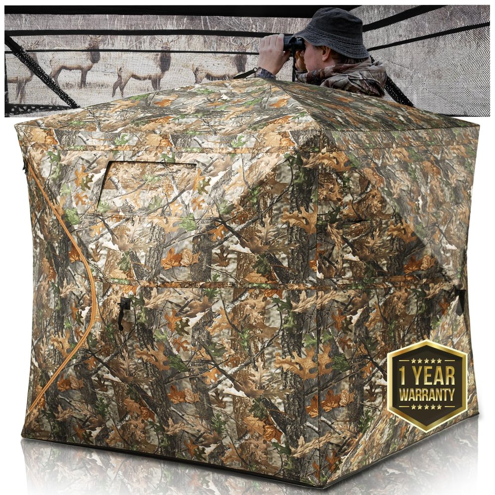 HUNTSEN Hunting Blind 270 See Through 3-4 Person Ground Blind Pop Up Deer Blind for Hunting with Carring Bag - Portable Durable Blind for Turkey and Deer Tent