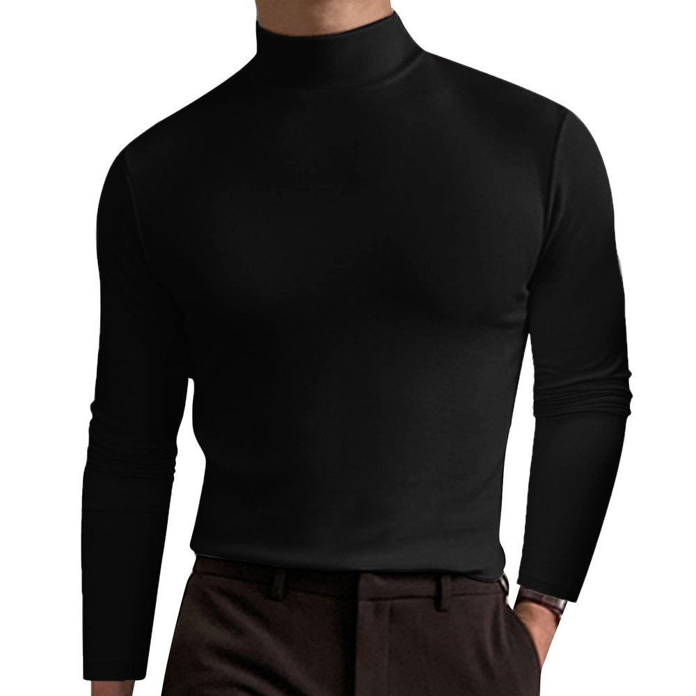 Mens Mock Turtleneck Thermal Long Sleeve Shirt Casual Classic Basic Fall Winter Solid Strech Pullover Sweater Top Black
