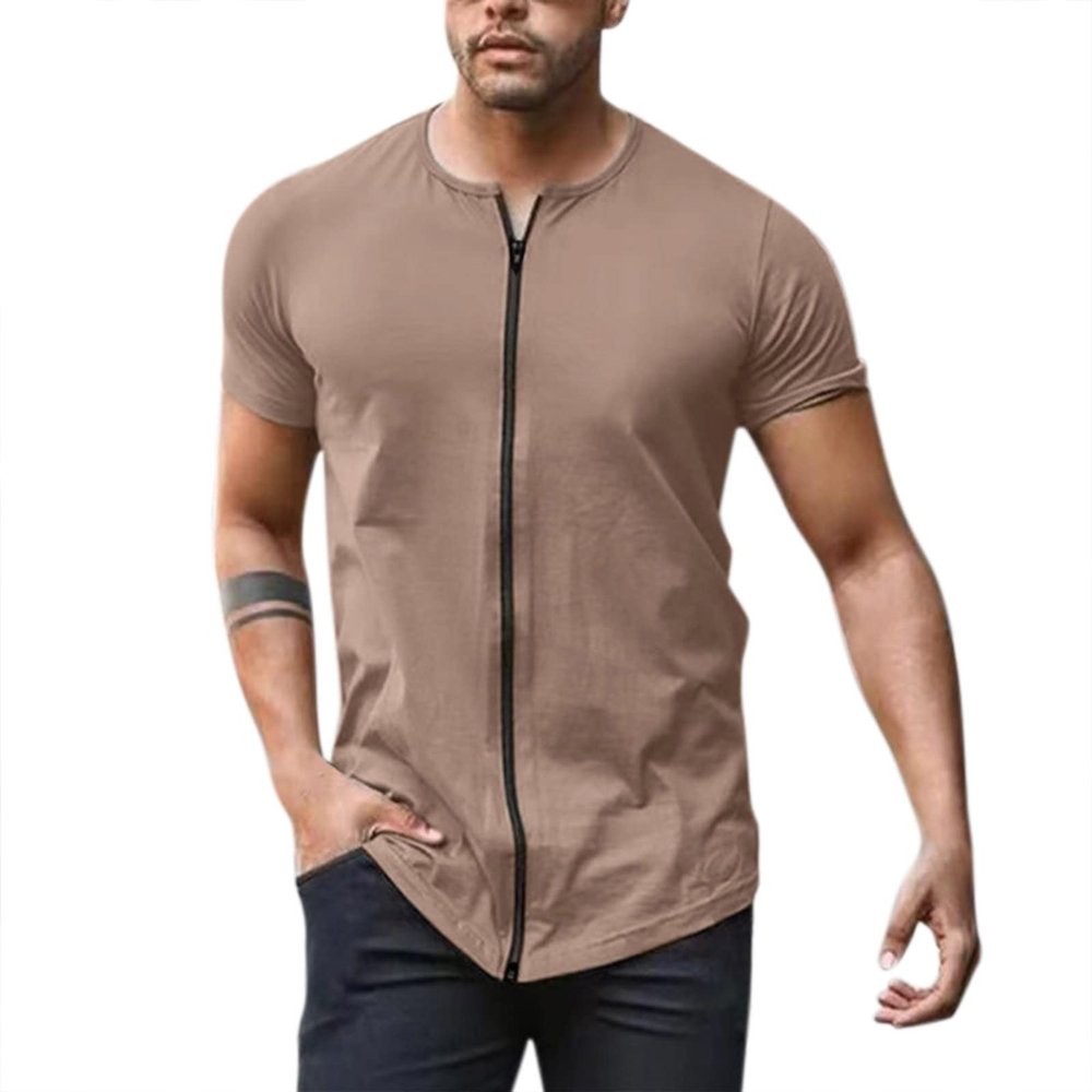 Mens Tactical Muscle Crewneck Zipper T-Shirt Casual Slim Fit Personality Athletic Quick Dry Preformance Tops Fashion Summer Solid Jurney Beach Outdoor Jogging Hiking Tee Shirts Khaki