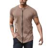 Mens Tactical Muscle Crewneck Zipper T-Shirt Casual Slim Fit Personality Athletic Quick Dry Preformance Tops Fashion Summer Solid Jurney Beach Outdoor Jogging Hiking Tee Shirts Khaki view 1