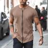 Mens Tactical Muscle Crewneck Zipper T-Shirt Casual Slim Fit Personality Athletic Quick Dry Preformance Tops Fashion Summer Solid Jurney Beach Outdoor Jogging Hiking Tee Shirts Khaki view 3