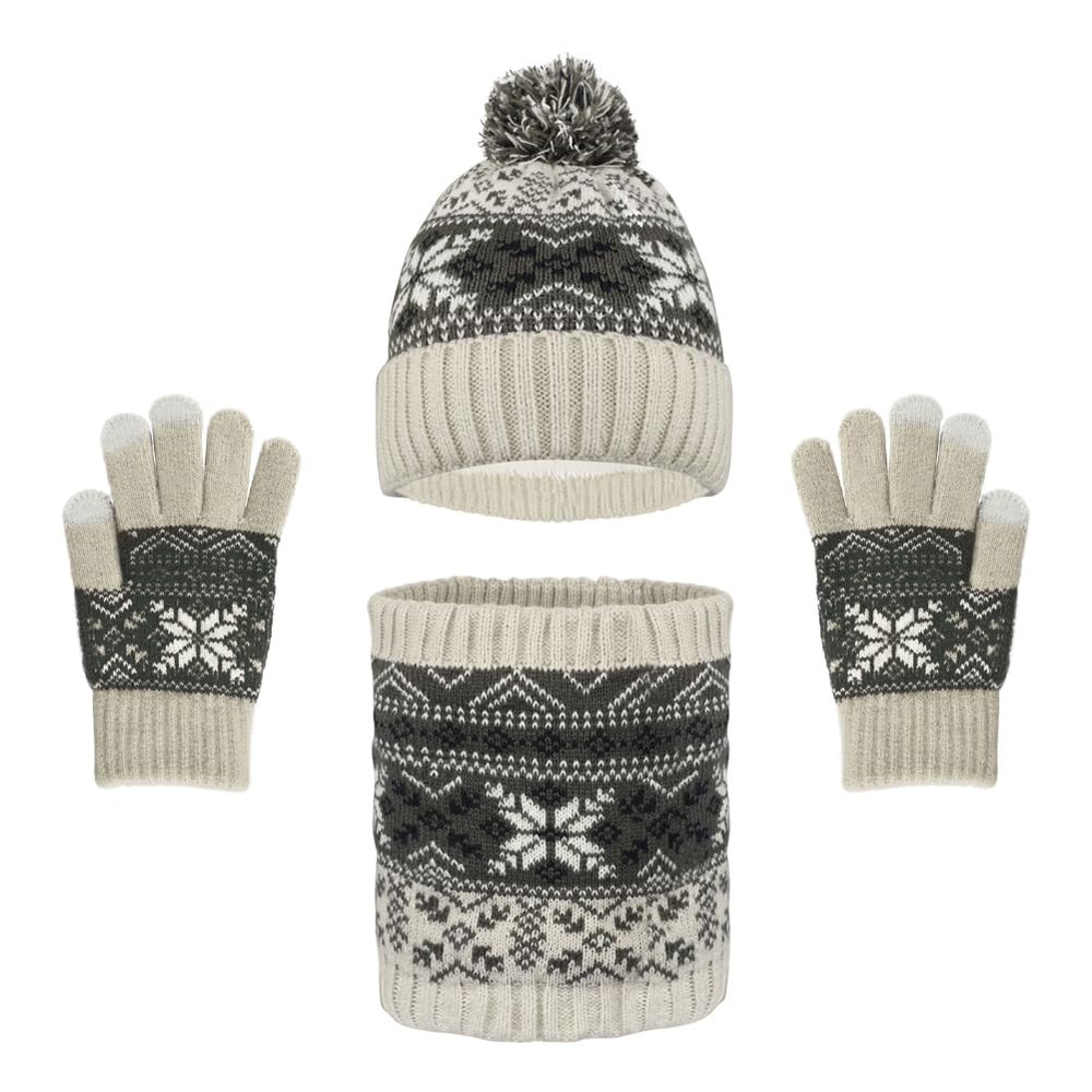 Kids Beanie Hat Gloves Scarf Set Fleece Lined Knit Pom Hat Plush Neck Warmer Winter Set for Girls Boys 3-9Year