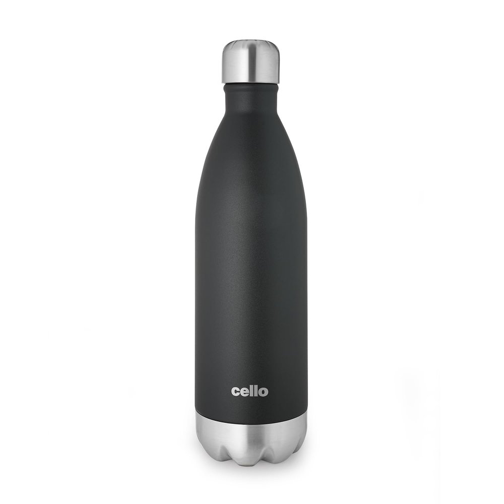 Cello Duro Tuff Steel Series- Swift Double Walled Stainless Steel Water Bottle with Durable DTP Coating, 750ml, Black, Swift-750ml-Black