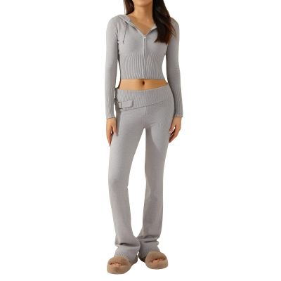 FOMOYUU Women Ribbed Knit 2 Piece Outfits Long Sleeve Zip Up Crop Jacket + High Waist Flare Skinny Pants Loungewear Sets (Gray B, S)