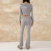 FOMOYUU Women Ribbed Knit 2 Piece Outfits Long Sleeve Zip Up Crop Jacket + High Waist Flare Skinny Pants Loungewear Sets (Gray B, S) view 2