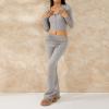 FOMOYUU Women Ribbed Knit 2 Piece Outfits Long Sleeve Zip Up Crop Jacket + High Waist Flare Skinny Pants Loungewear Sets (Gray B, S) view 3