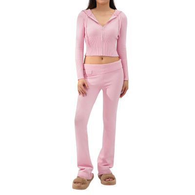 FOMOYUU Women Ribbed Knit 2 Piece Outfits Long Sleeve Zip Up Crop Jacket + High Waist Flare Skinny Pants Loungewear Sets (Pink B, S)