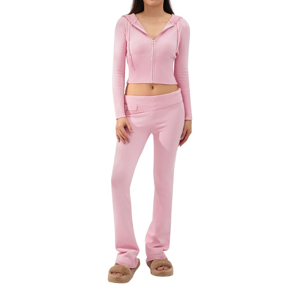 FOMOYUU Women Ribbed Knit 2 Piece Outfits Long Sleeve Zip Up Crop Jacket + High Waist Flare Skinny Pants Loungewear Sets (Pink B, S)
