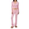FOMOYUU Women Ribbed Knit 2 Piece Outfits Long Sleeve Zip Up Crop Jacket + High Waist Flare Skinny Pants Loungewear Sets (Pink B, S) view 1