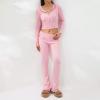 FOMOYUU Women Ribbed Knit 2 Piece Outfits Long Sleeve Zip Up Crop Jacket + High Waist Flare Skinny Pants Loungewear Sets (Pink B, S) view 3