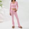FOMOYUU Women Ribbed Knit 2 Piece Outfits Long Sleeve Zip Up Crop Jacket + High Waist Flare Skinny Pants Loungewear Sets (Pink B, S) view 4