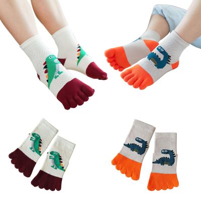 Pursuestar 2 Pairs Five Finger Toe Socks Athletic Running Breathable Mesh Dinosaur Socks for Kids Boys Girls 2-9 Years