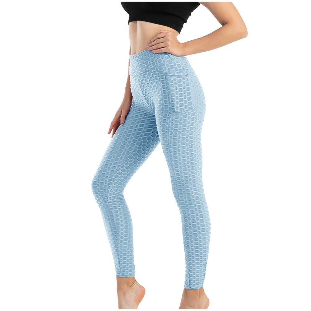 XUNRYAN Workout Leggings with Pockets for Women High Waisted Tummy Control Aesthetic Butt Lifting Yoga Pants Activewear Sky Blue