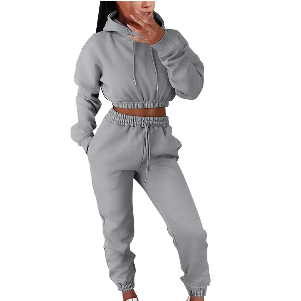 Women Y2K Tracksuit 2 Piece Outfits Cropped Sweatshirts Fleece Pullover Workout Sets Jogger Pants Lounge Sets Sweatsuit Gray