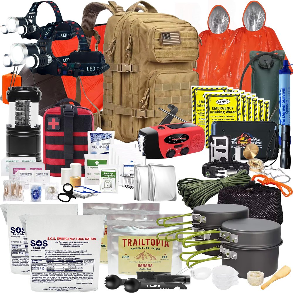 Denver: Premium 72 Hour Survival Backpack with Supplies - Bug Out Bag Backpack - Upgraded Go Bag Emergency Backpack w/Complete Tactical Survival Kit - Bug Out Bag Survival Kit for 2 (Khaki)