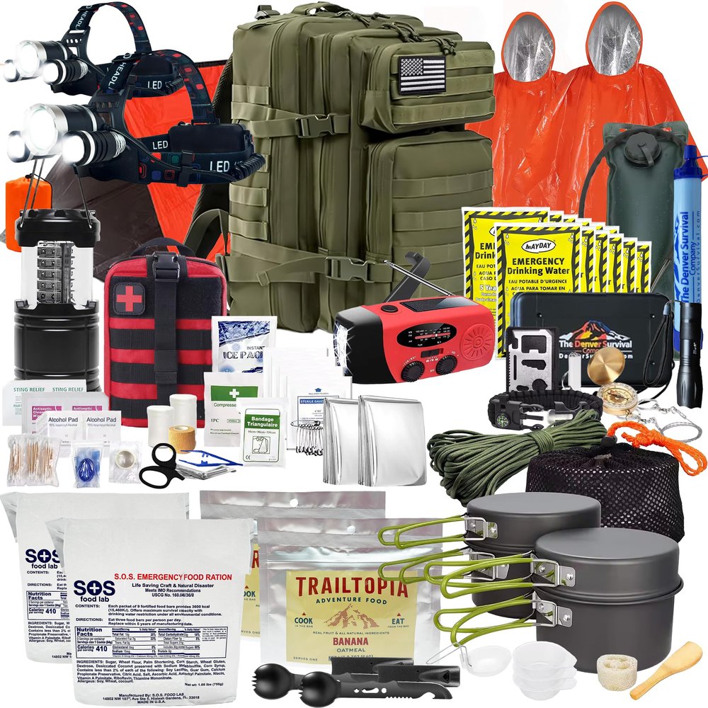 Denver: Premium 72 Hour Survival Backpack with Supplies - Bug Out Bag Backpack - Upgraded Go Bag Emergency Backpack w/Complete Tactical Survival Kit - Bug Out Bag Survival Kit for 2 (Green)