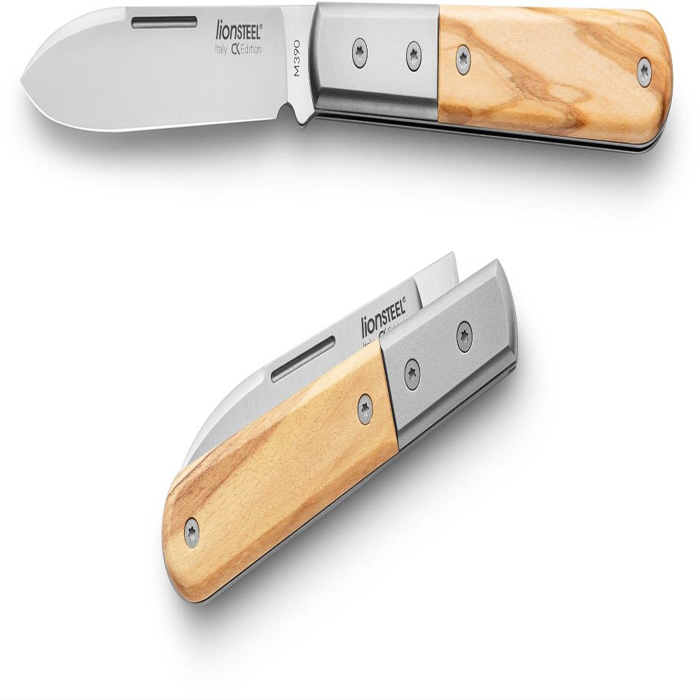 LionSTEEL Barlow Traditional Gentlemens Folding Pocket Knife, Collector Quality Folder for EDC, Titanium Bolsters, M390 Steel, Made in Italy (Roundhead, Olive Inlay)
