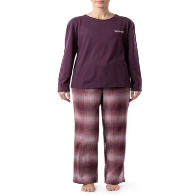 Wrangler Women's Jersey Top and Flannel Pant Sleep Pajama Set, Wine/Ombre Plaid, 3X