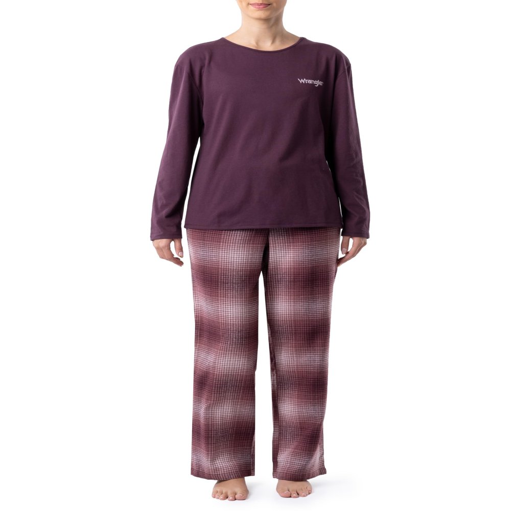 Wrangler Women's Jersey Top and Flannel Pant Sleep Pajama Set, Wine/Ombre Plaid, 3X