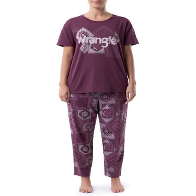 Wrangler Women's Short Sleeve Graphic Tee and Printed Pants Pajama Sleep Set, Amaranth/Paisley, Large