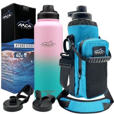 Arca Gear 40 OZ Hydro Vessel & Hydro Carrier Combo Pack - Insulated Stainless Water Bottle and Carrier - Ombr Pink & Green Bottle - Lagoon Blue