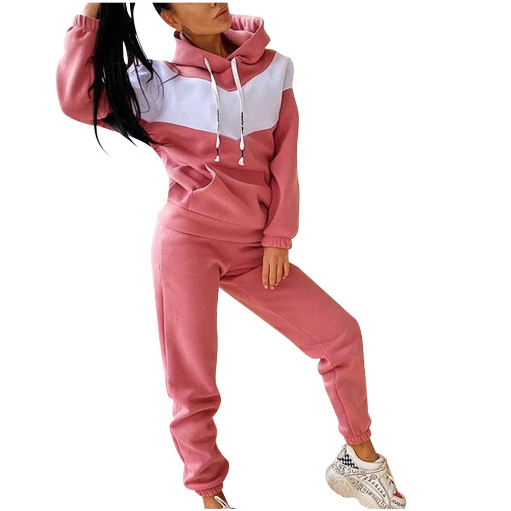 Women's Two Piece Outfits Fashion Y2K Tracksuit Fleece Sweatsuit Sweatshirts Hoodies Pullover Tops Casual Workout Sets Pink