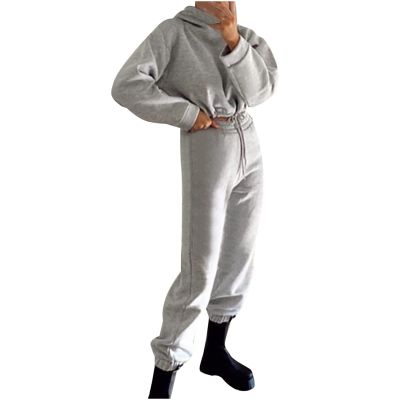 Women Sweatsuit Two Piece Outfits Fashion Teen Girls Y2K Tracksuit Cropped Hoodies Sweatshirt Jogger Pants Fall Outfits Gray