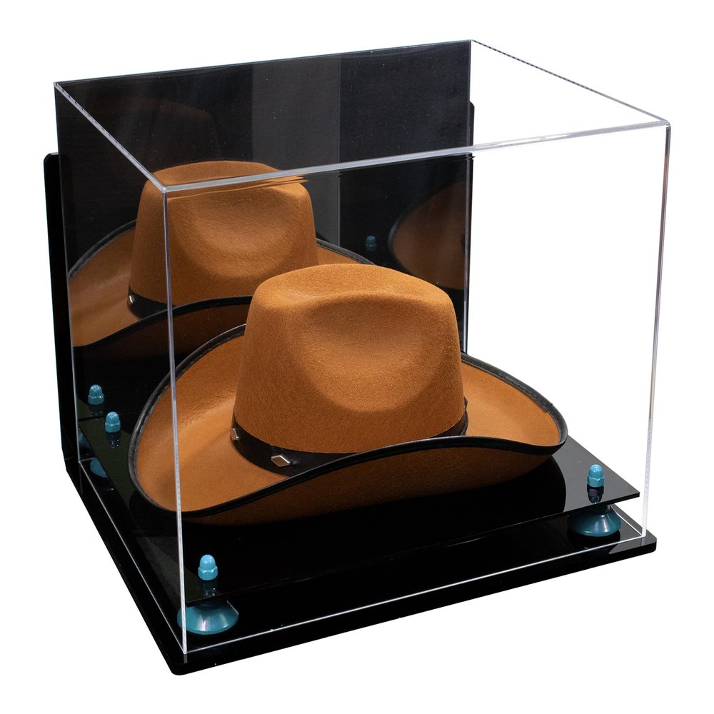 Better Display Cases Acrylic Cowboy Hat Display Case with Mirror Case, Light Blue Risers and Black Base and Wallmount - 16" x 13" x 12" (A024-B/V61B)